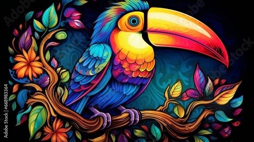 A Colorful Toucan Resting on a Branch Surrounded by a Burst of Tropical Flowers and Leaves