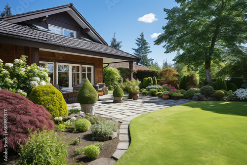 Luxury house exterior with beautiful landscaped garden. © StockHaven