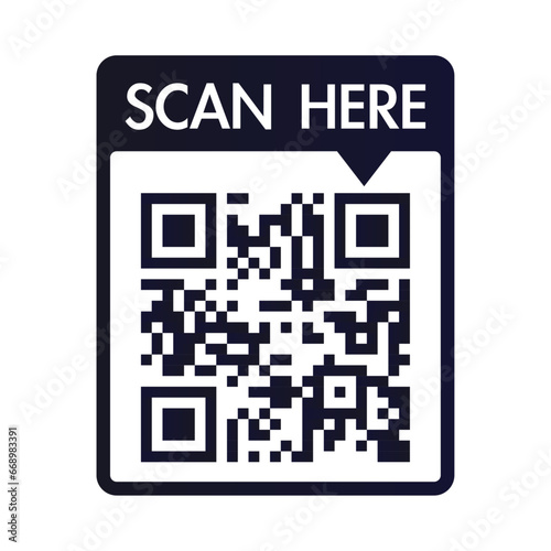 QR code scan here icon for mobile apps and payments. QR code scan for smartphone. Qr code Template scan here QR code for smart phone. Vector illustration.
