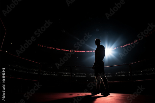 MMA fighter preparing for championship. Boxer on boxer ring cinematic dark background photo