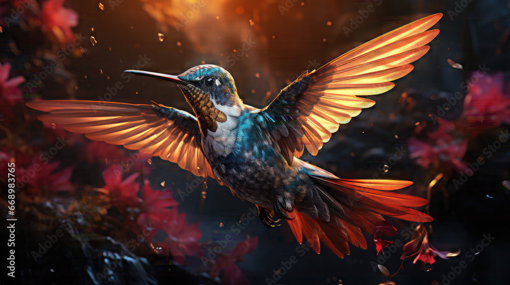 Obraz premium Harmonious flying. data flow concept with Digital humming bird flying