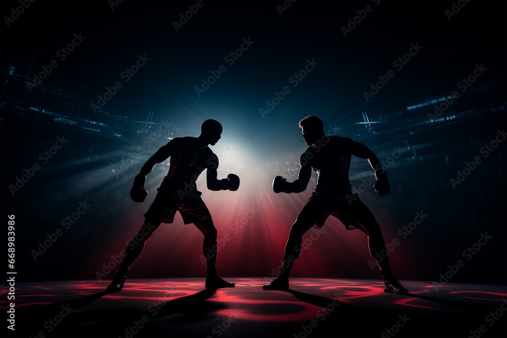 Two man boxers fighting in a boxing ring championship