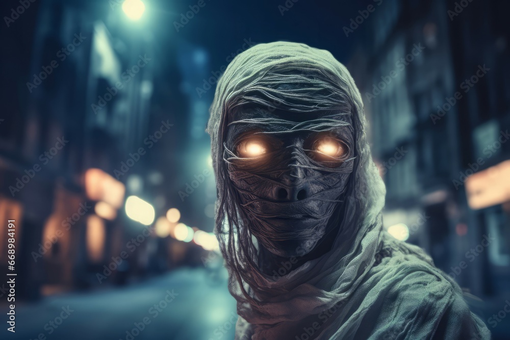 Mummy night street portrait. Scary monster undead with creepy eyes. Generate Ai