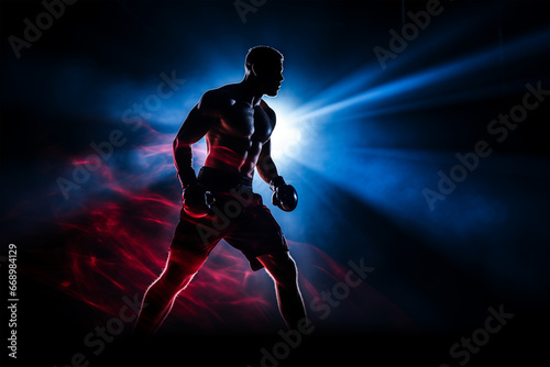 MMA fighter. Boxing banner. Boxer on dark background. Adrenalin, intense training