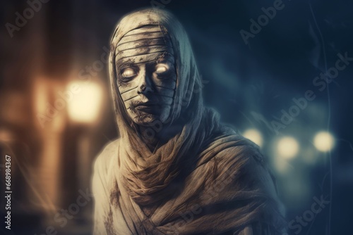 Mummy night street portrait digital art. Face zombie spooky eyes. Generate Ai