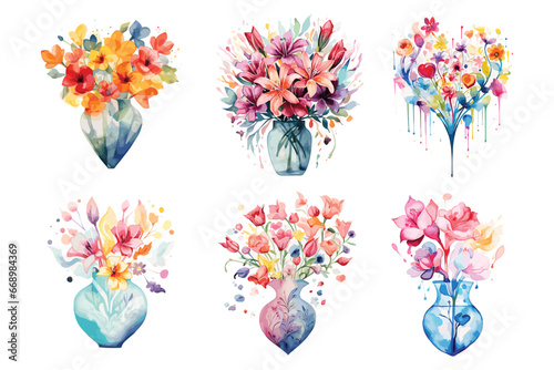 water color heart shape flower vase, set of flowers,set of colorful flowers,set of colorful splashes
