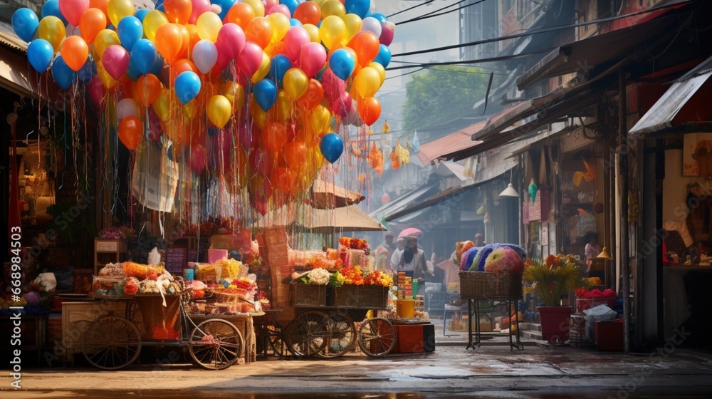A balloon vendor's colorful assortment against the backdrop of a bustling market square.