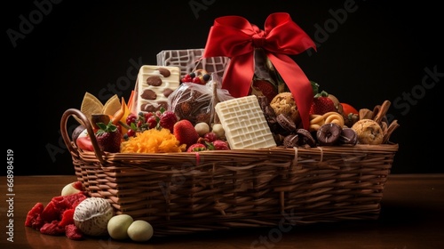 A basket filled with gourmet treats, wrapped as a gift for a food lover.