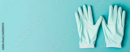 Pair of medical gloves on blue background long banner. Latex sterile nitrite care. Generate Ai
