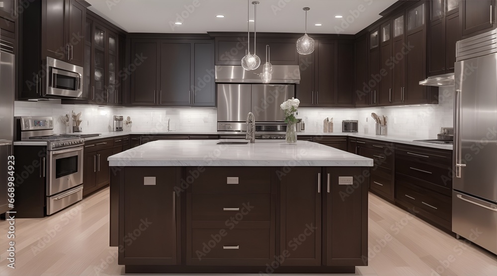 Kitchen in new luxury home with quartz waterfall island, hardwood floors, dark wood cabinets, and stainless steel appliances. Kitchen in new luxury home with quartz waterfall island, hardwood floors, dark wood cabinets, and stainless steel appliances.