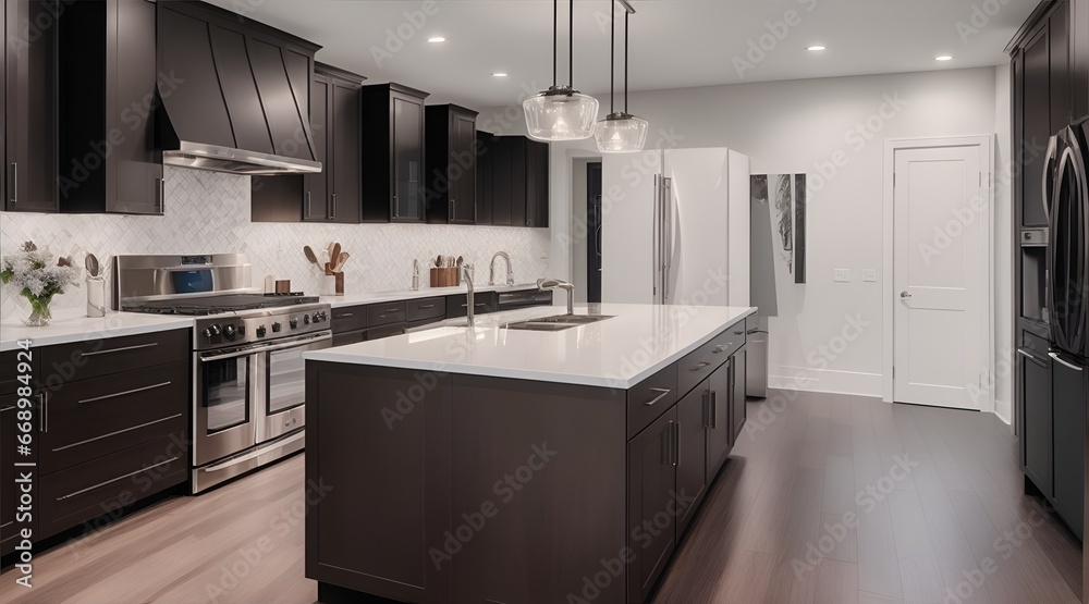 Kitchen in new luxury home with quartz waterfall island, hardwood floors, dark wood cabinets, and stainless steel appliances. Kitchen in new luxury home with quartz waterfall island, hardwood floors, dark wood cabinets, and stainless steel appliances.