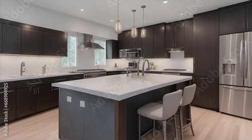 Kitchen in new luxury home with quartz waterfall island  hardwood floors  dark wood cabinets  and stainless steel appliances.