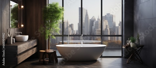 Stylish bathroom with dark wooden walls and floor white bathtub between windows with nice view AI rendering