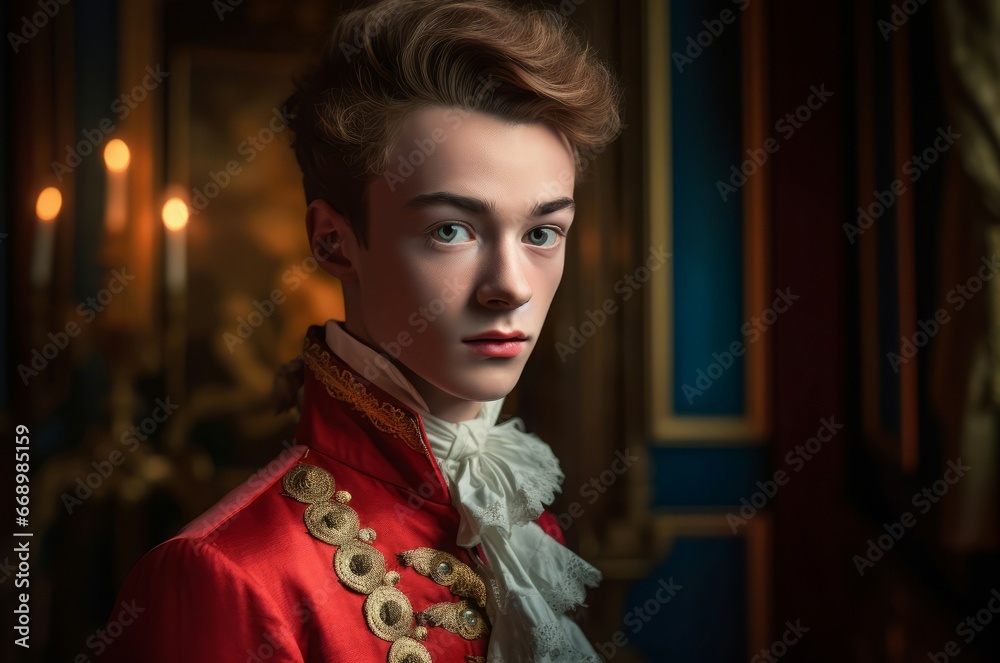 Fototapeta premium Versailles 18 years old son photo portrait. Classic french colorful costume. Generate Ai