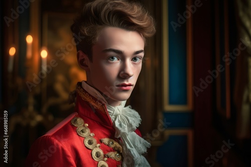Versailles 18 years old son photo portrait. Classic french colorful costume. Generate Ai