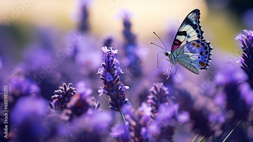 A butterfly delicately perched on a lavender bloom, a moment of serene interaction.