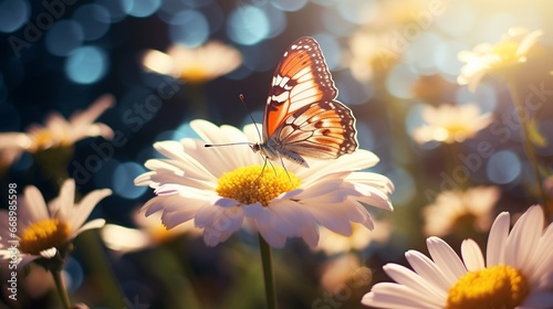A butterfly hovering over a blooming daisy, casting a delicate shadow on the petals below. © Ahmad