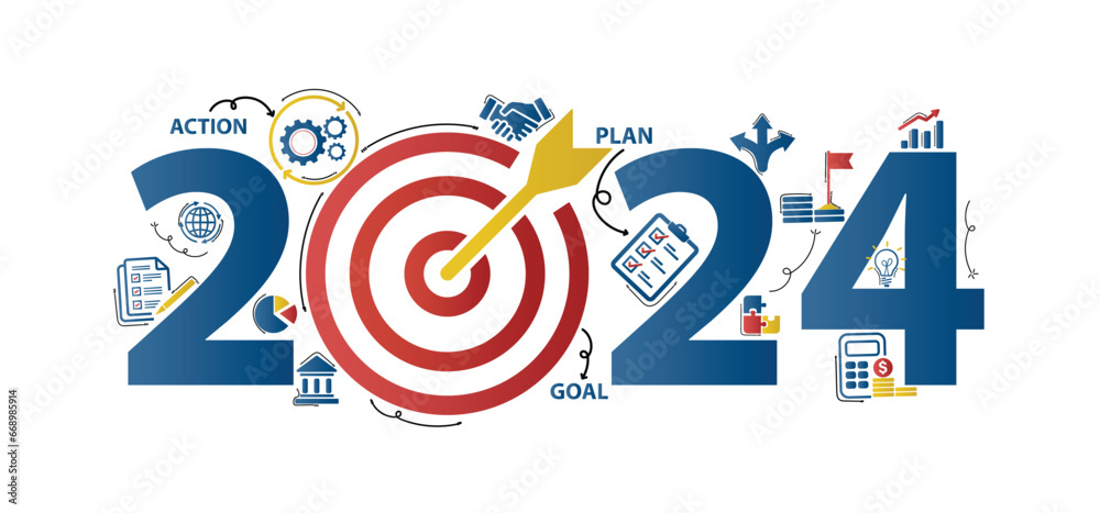 2024 new year goal plan action with target icons, Business plan, financial plan and strategies. Annual plan and development for achieving goal, achievement and success in 2024. Vector illustrator set. - obrazy, fototapety, plakaty 