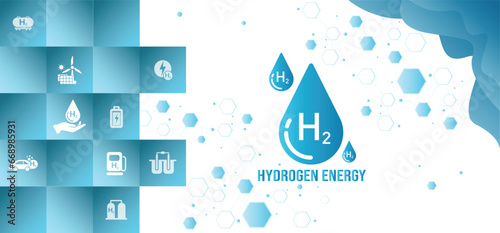 The concept of clean Hydrogen Energy with icons, changing the CO2 fuel cell to H2 switching to clean hydrogen energy with friendly and sustainable development for environment and alternative lifestyle