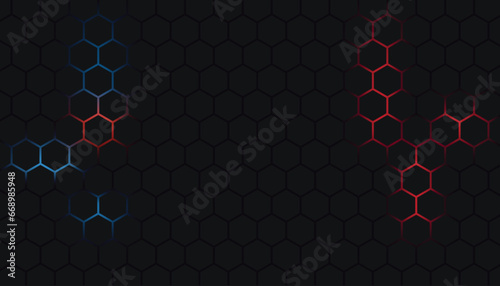 Fototapeta Naklejka Na Ścianę i Meble -  Dark Red and Blue Hexagon Abstract Technology Background with Red and Blue Colored Bright Flashes Under Hexagon.