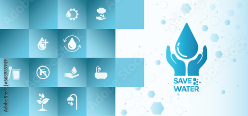 concept of water saving tips icon infographic. Save water, save earth and go green, environment protection campaign concept. on the blue background.