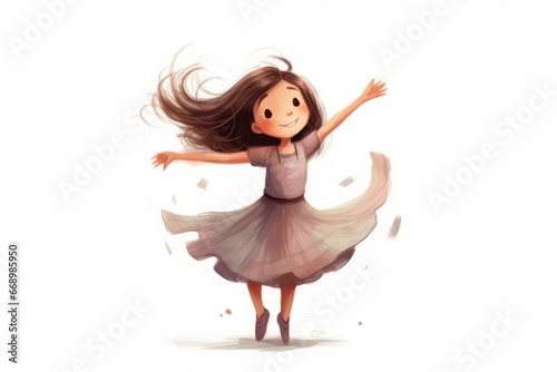 Little girl character dancing and twirling with her arms outstretched on white. AI generated