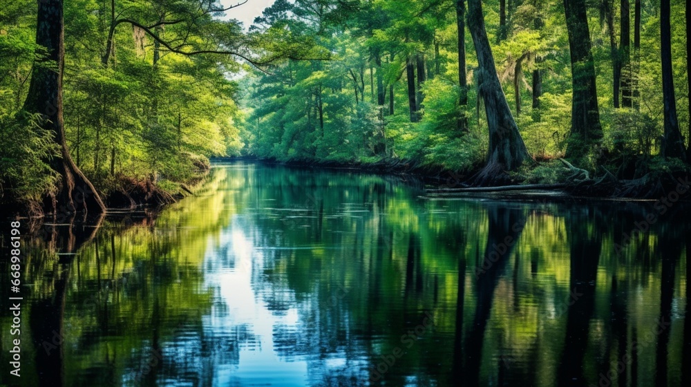 The reflection of a dense forest on a calm river, the water acting as a mirror to nature's beauty.
