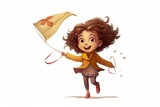 Little girl character flying a kite, with a joyful and carefree expression on white. AI generated