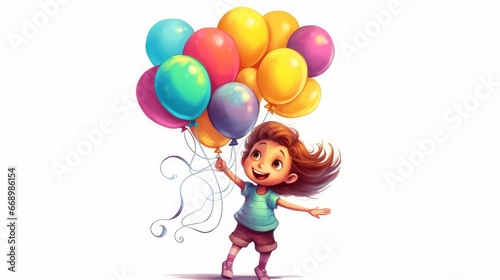 Little girl character holding a bunch of colorful balloons on white background. AI generated © PandaStockArt