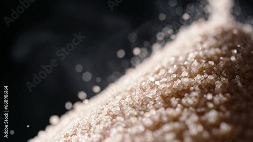 Brown cane sugar is poured into pile, half pile. Close up slow motion. Moderating sugar intake is vital for overall health, as it can decrease risk of obesity, diabetes, and other diseases. Nutrition 