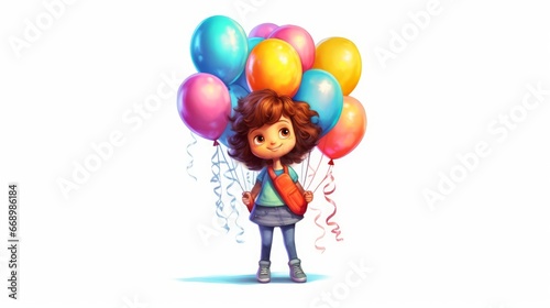Little girl character holding a bunch of colorful balloons on white background. AI generated