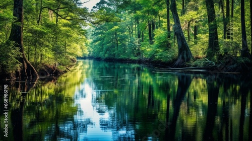 The reflection of a dense forest on a calm river, the water acting as a mirror to nature's beauty.