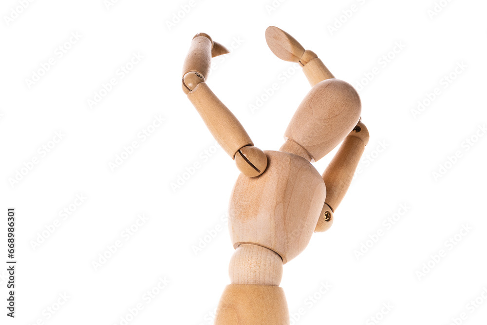 A wooden mannequin holding his hands up in the air. This versatile image can be used to convey concepts such as surrender, victory, celebration, or even a call for help. A wooden mannequin holding his hands up in the air. This versatile image can be used to convey concepts such as surrender, victory, celebration, or even a call for help.
