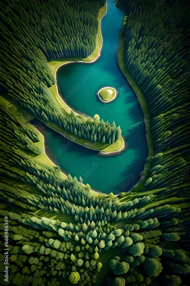 an illustration of a birds-eye view of a Canadian forest, trees and lake