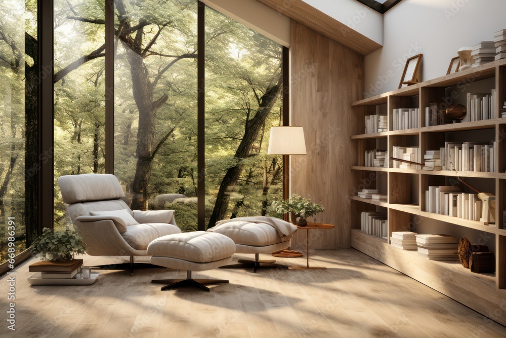 A modern book room with sunlight coming.