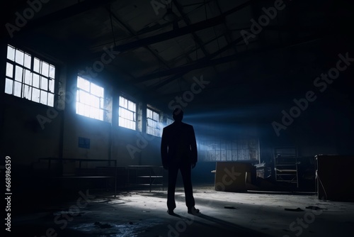 Silhouette fbi agent warehouse. Crime scene tape in abandoned warehouse. Generate Ai
