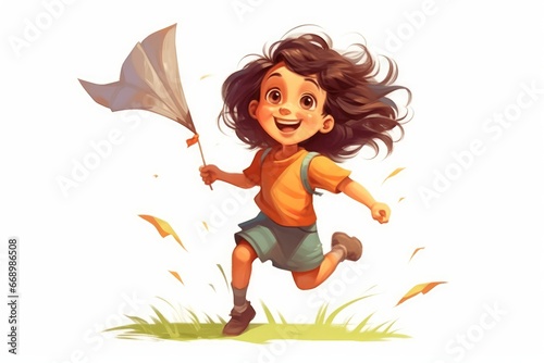 Little girl character playing with a kite, running through a field on white background. AI generated