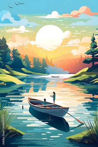 illustration of people with boat at the lake and hills landscape vintage