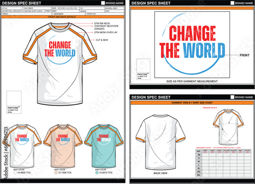 CHANGE THE WORLD STREETWEAR VECTOR DIGITAL DTG DTF HEAT TRANSFER STICKER SUBLIMATION PRINT MEN BOYS CUT AND SEW SHORT SLEEVE T SHIRT TECHPACK MEASUREMENT LAYOUT TEMPLATE DESIGN