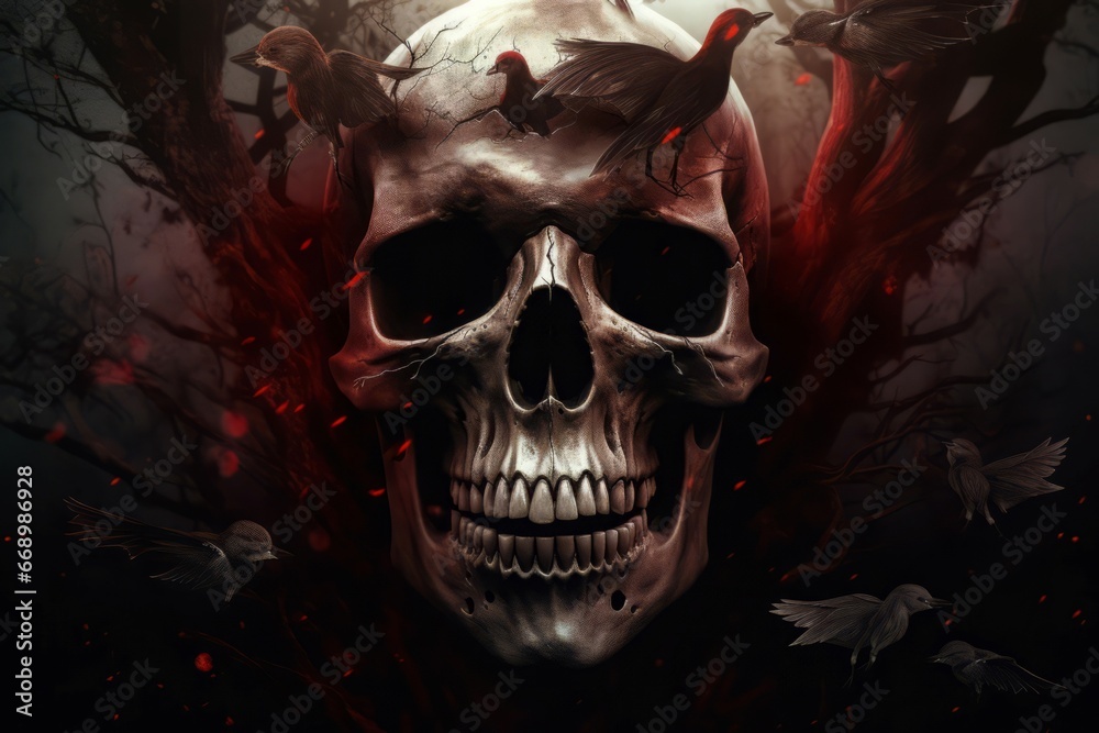 Skull creepy blood demons birds. Devil horror scary fear. Generate Ai - obrazy, fototapety, plakaty 
