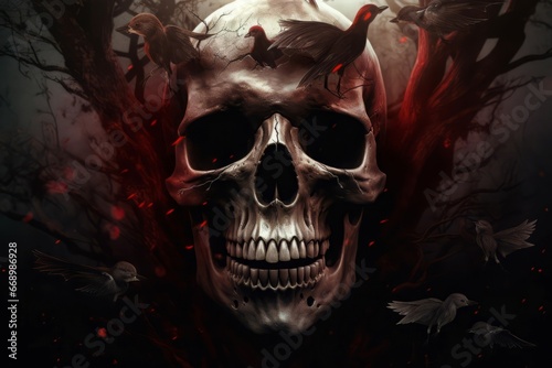 Skull creepy blood demons birds. Devil horror scary fear. Generate Ai