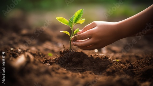 A child's hand planting a sapling in a garden, capturing the essence of growth and nurturing.