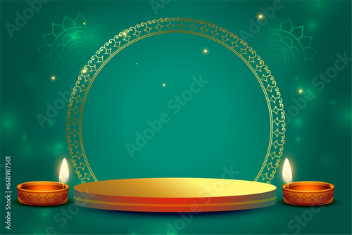 3d podium and diya design on shiny background for festival of lights vector