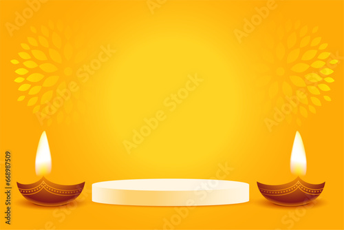 3d podium and diya design on yellow background for diwali festival vector