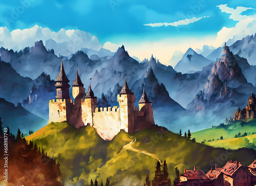 Abstract mountain range landscape with a castle on digital art concept, Generative AI.