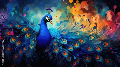 A peacock with feathers spread, watercolor, gradient, vibrant colors. AI Generative