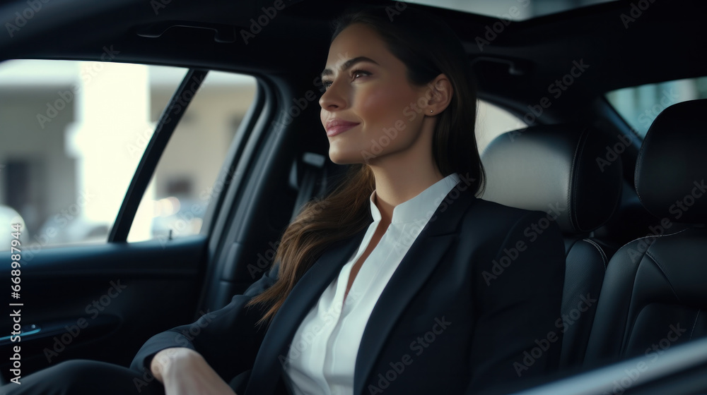 Driven Ambition: A Distinguished and Affluent Woman, Epitomizing Grace and Power, Rides in Style to a Pivotal Business Conclave.