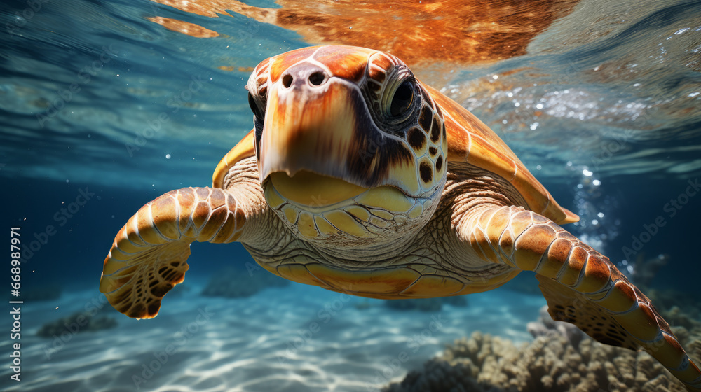 Obraz premium Close up view of a marine sea turtle. Marine and wildlife concept.