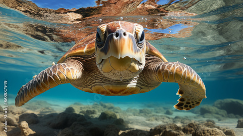 Close up view of a marine sea turtle. Marine and wildlife concept.