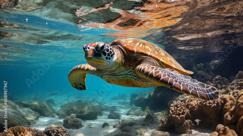 Close up view of a marine sea turtle. Marine and wildlife concept. © Renrae